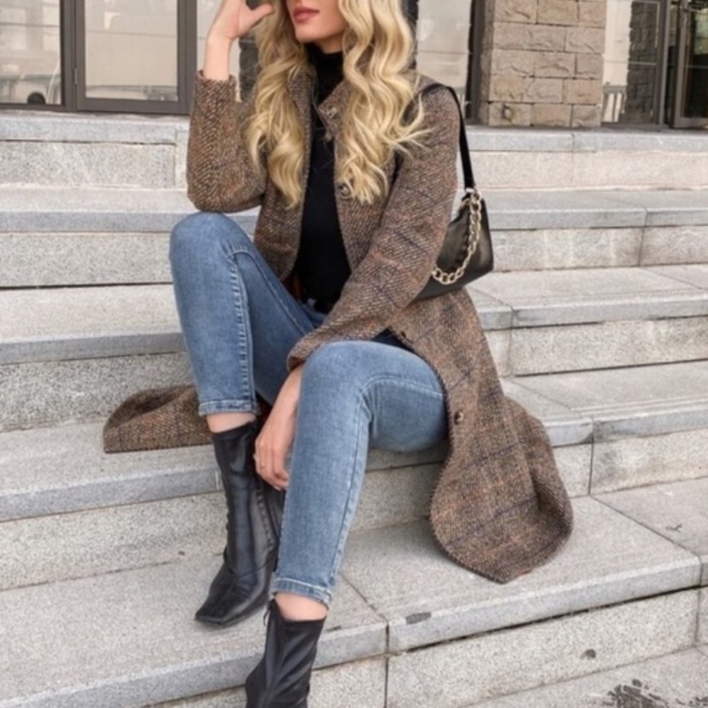 Tweed plaid brown casual trench coat jacket - Picture 3 of 10